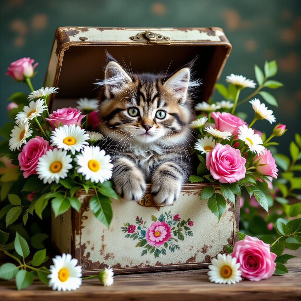 Kitten in Floral Box: Hyperrealistic Digital Art