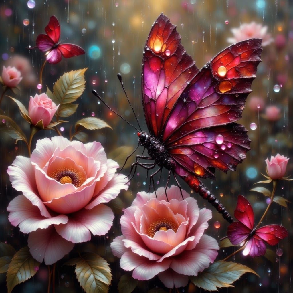 Heart-Winged Butterflies Among Roses, Surreal Chalk Art