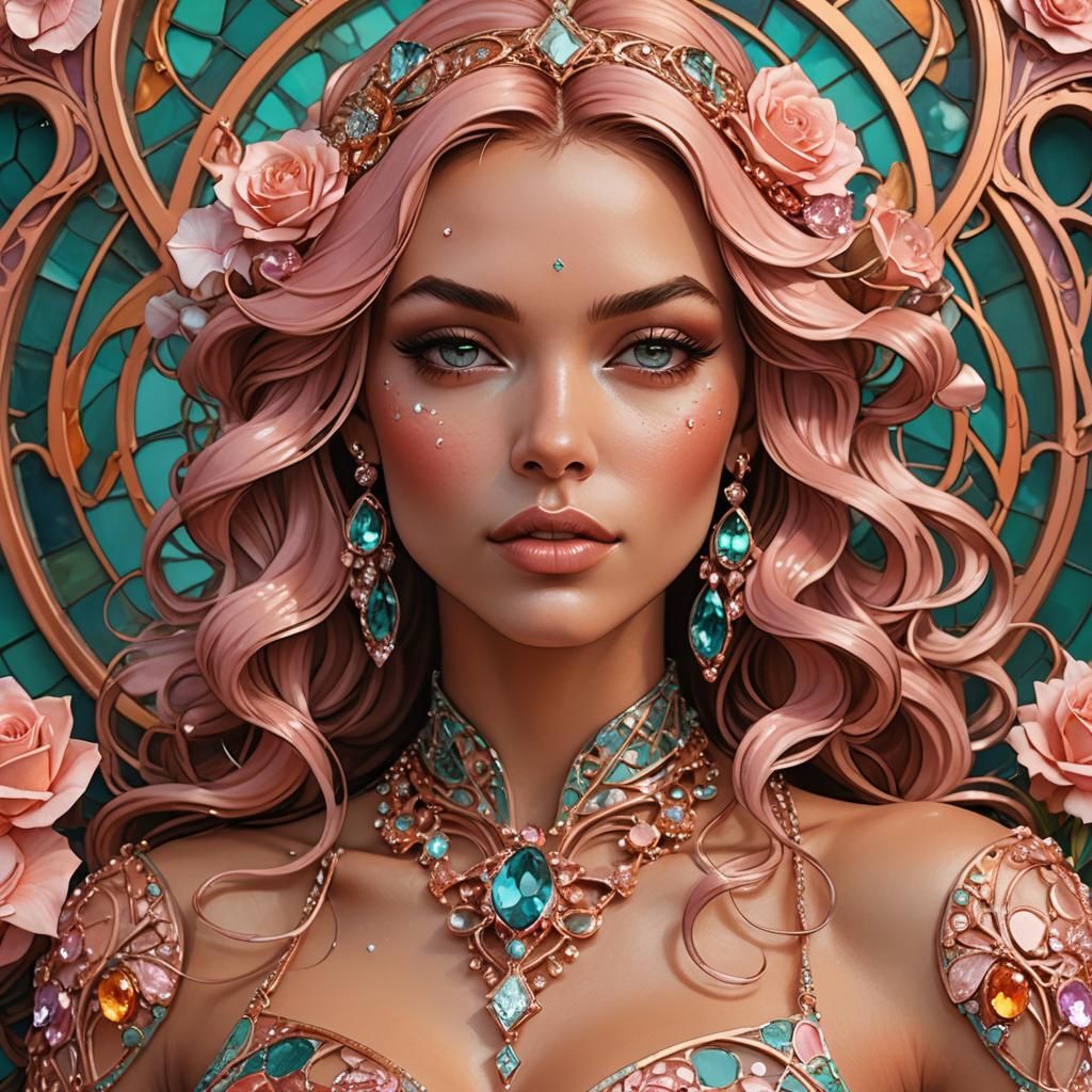 Art Nouveau Portrait with Pink Diamonds and Rose Gold