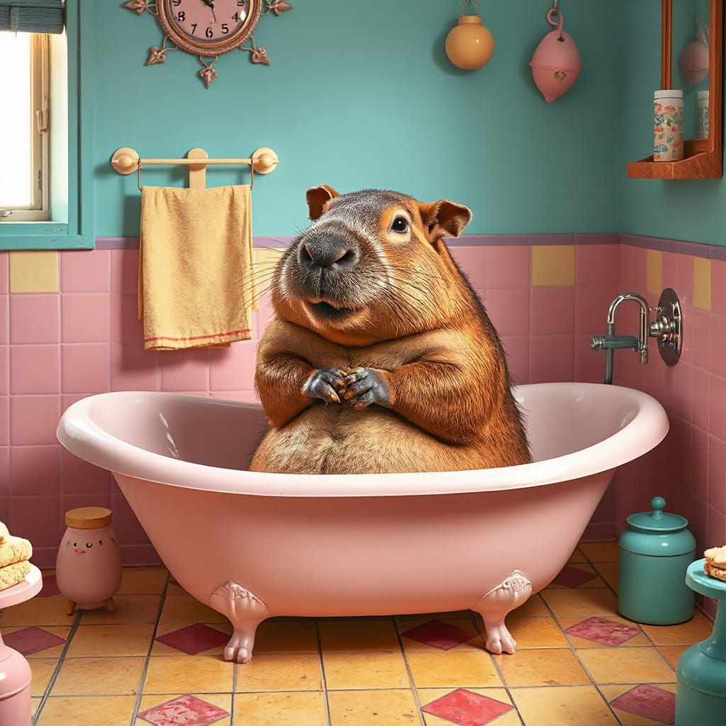 Capybara in Whimsical Retro Bathroom
