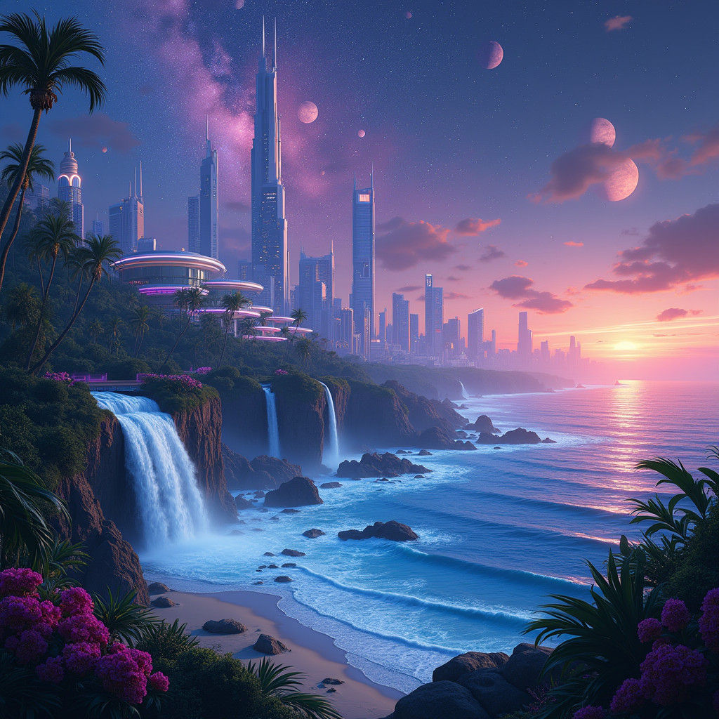 Futuristic Cityscape with Galaxy in Digital Matte Painting