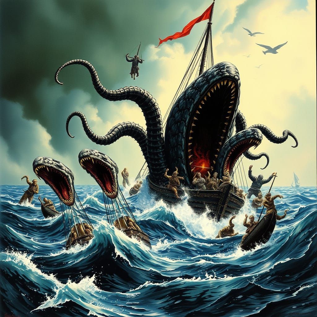 Scylla's Monstrous Attack on Aeneas' Ship