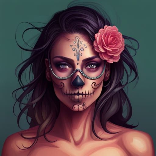 Detailed Sugar Skull Portrait in Art Nouveau Style