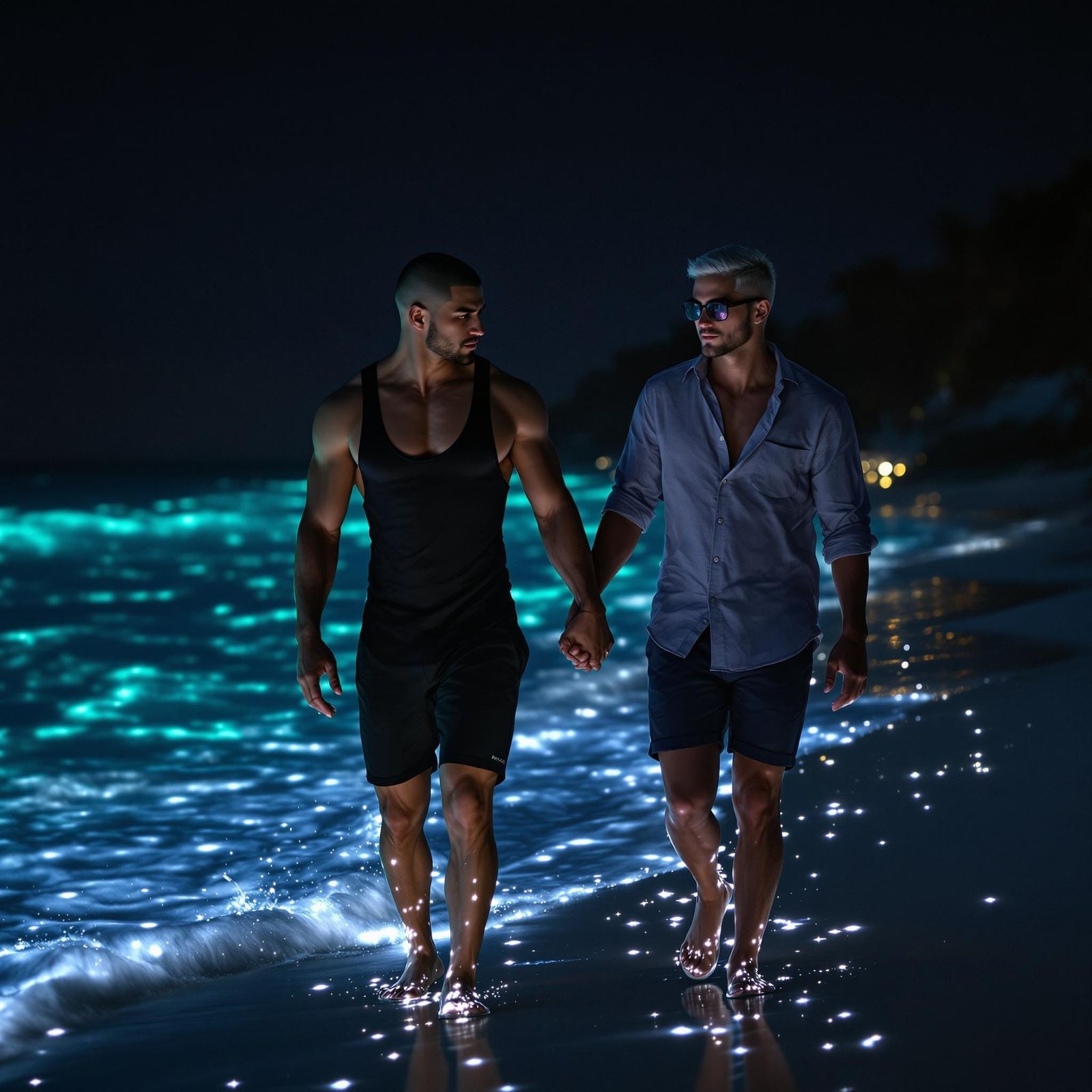 Bioluminescent Beach Stroll: Hyperrealistic 3D Anime Art