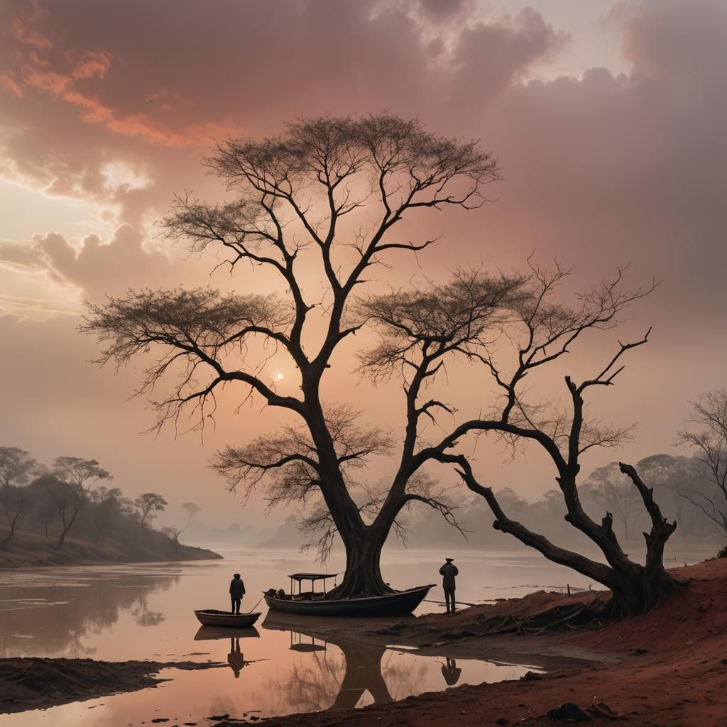 Misty Orinoco River: Solitary Figure in Eerie Landscape