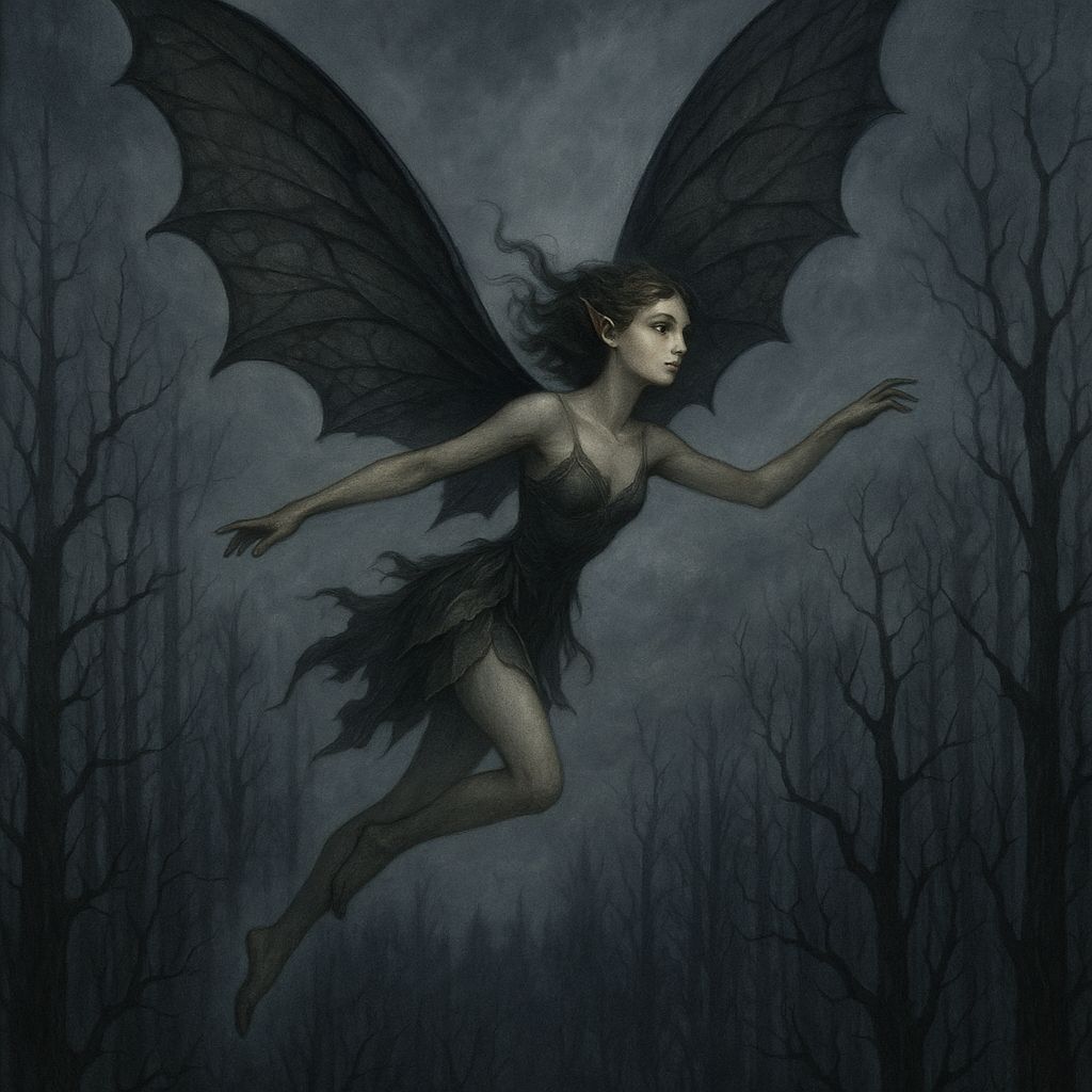 Gothic Fairy Flits Through Mysterious Forest Skies