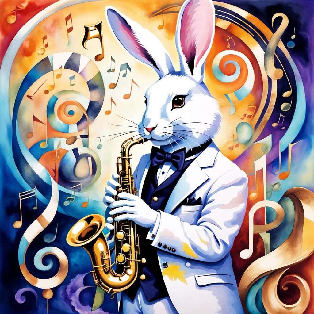 Surreal Jazz Rabbit Saxophonist in Watercolor Style