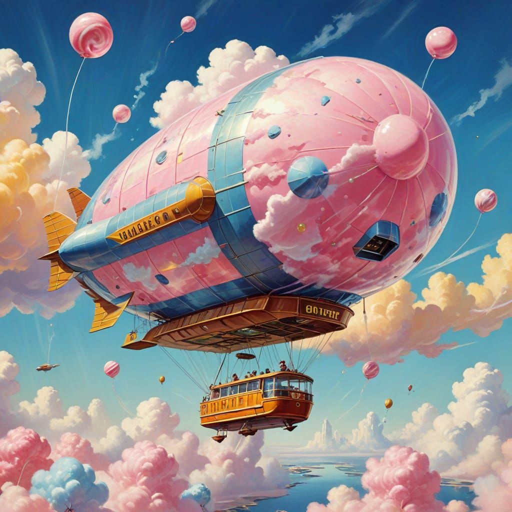 Retro-Futuristic Airship Cotton Candy Shop Gouache Illustrat...