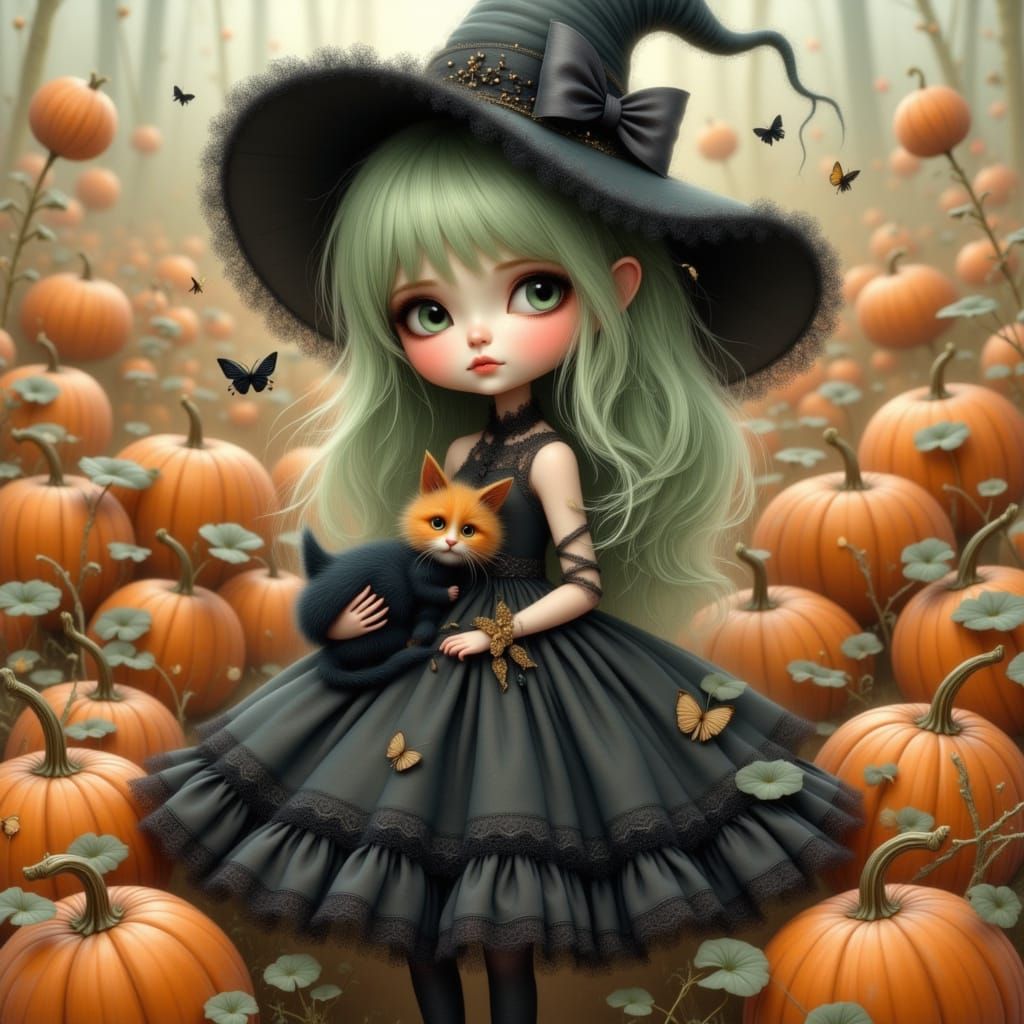 Cute Witch Girl and Cat in Pumpkin Field