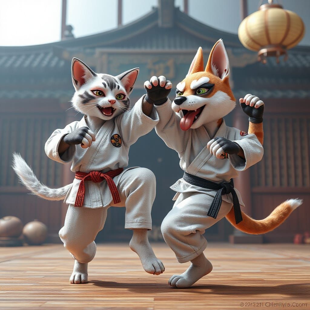 Karate Cat vs Dog in Dojo, Anime Style