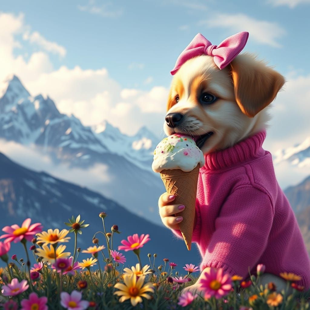 Majestic Puppy Enjoys Ice Cream Amidst Snowy Mountains in a...