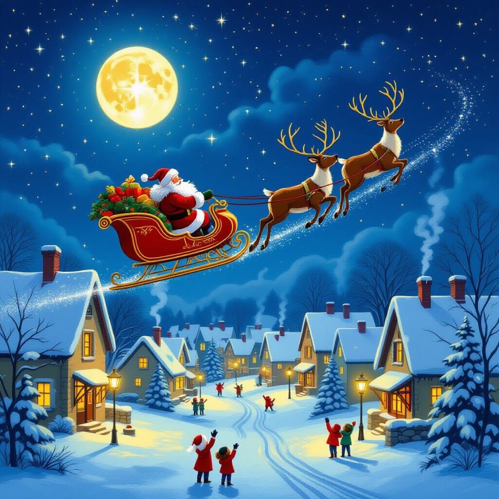 Santa's Magical Flight Over Snowy Village Under Moonlight