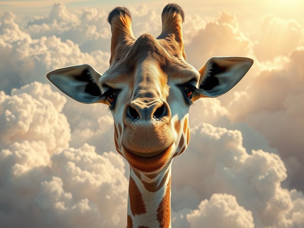 Lovable Giraffe in Dreamlike Cloudscape, Rutkowski-style