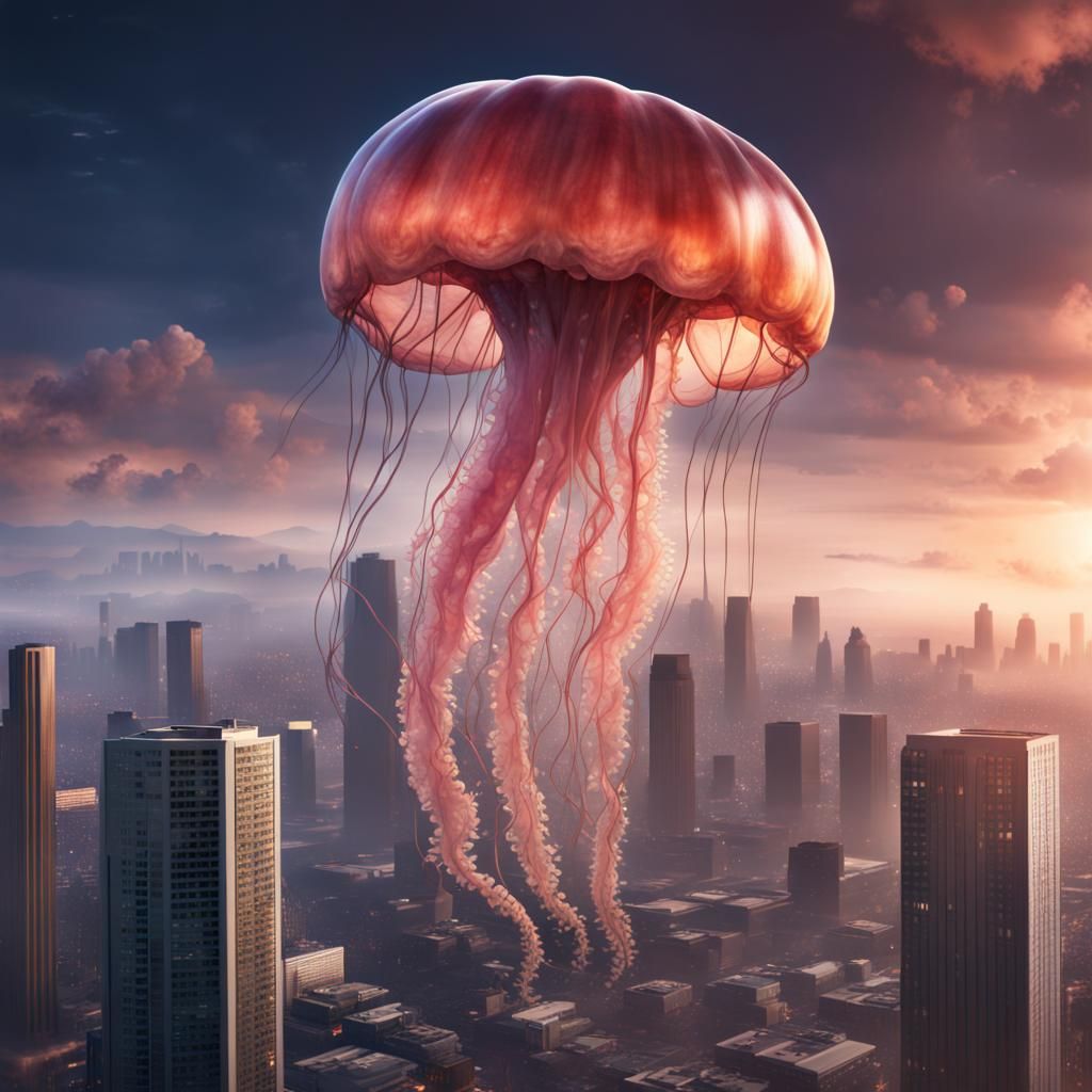 Giant Jellyfish Over Los Angeles, Digital Art