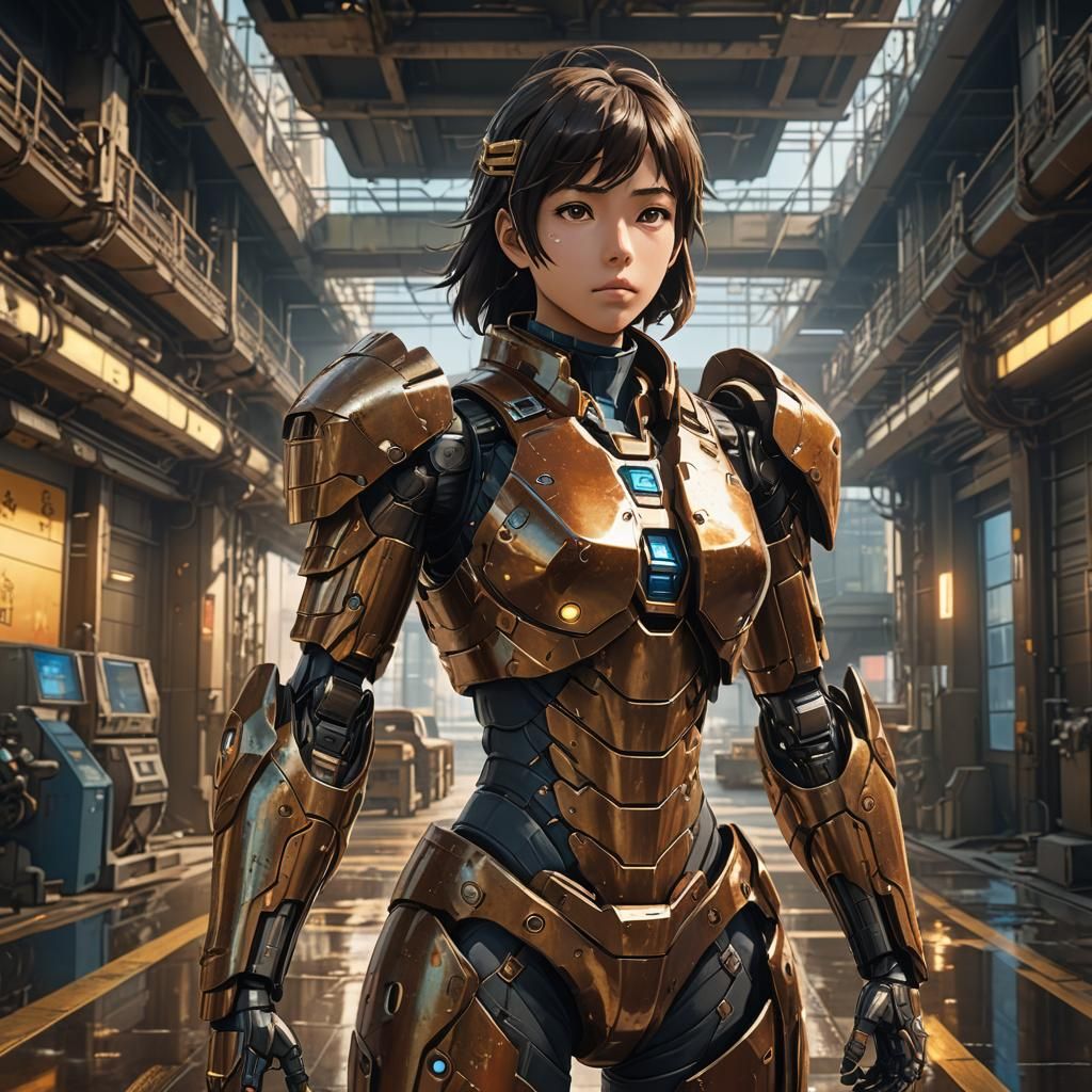 Anime Android Warrior in High-Tech Setting