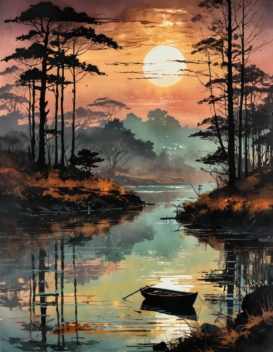 Vaporwave Twilight River Scene in Watercolour Style