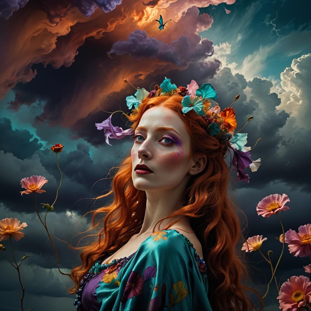 Fiery Redhead in Stormy Sky: Surreal Expressionist Art
