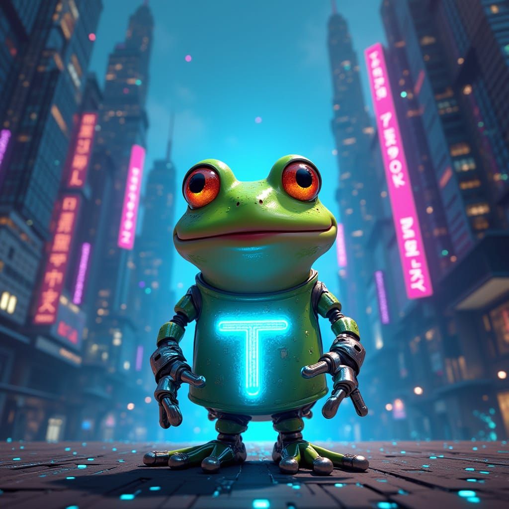 Vibrant Frog in Futuristic City of Code and Data