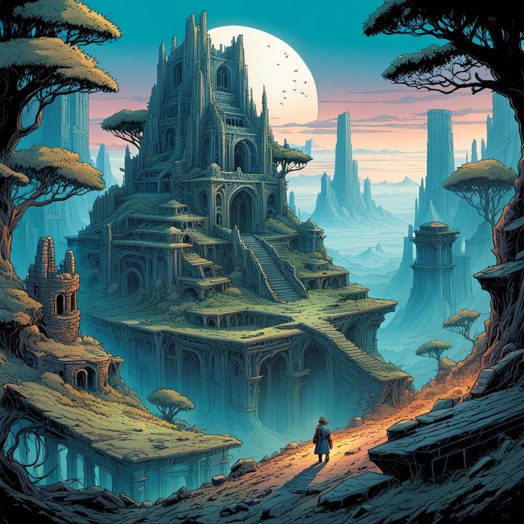 Fantasy Landscape with Ruins in Comic Book Art Style