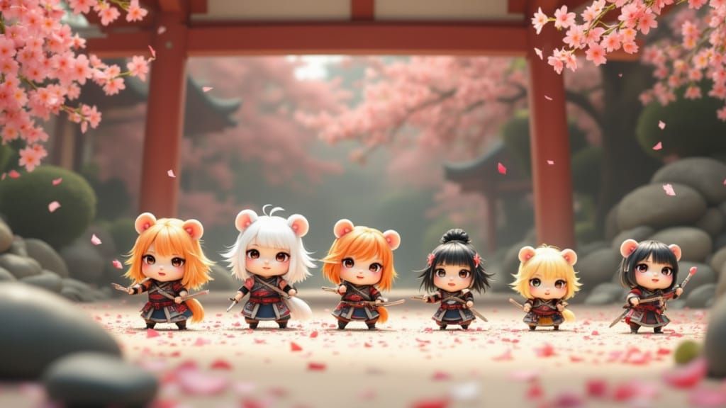 <lora:Accu:1.0> A brave team of female chibi hamsters in miniature ninja armor, training diligently in a serene zen gard...