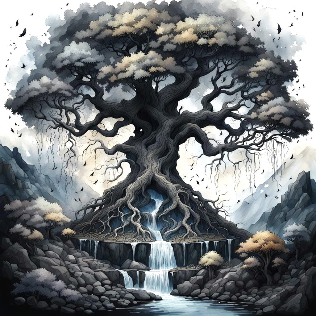 Yggdrasil in Decay: Dreamy Watercolor Art