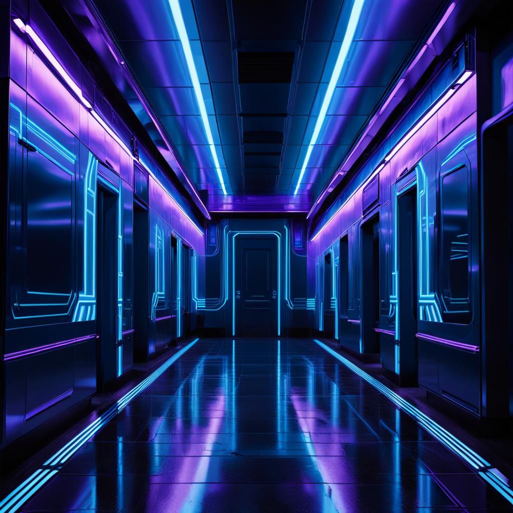 Cyberpunk Hallway with Neon Blue Lights
