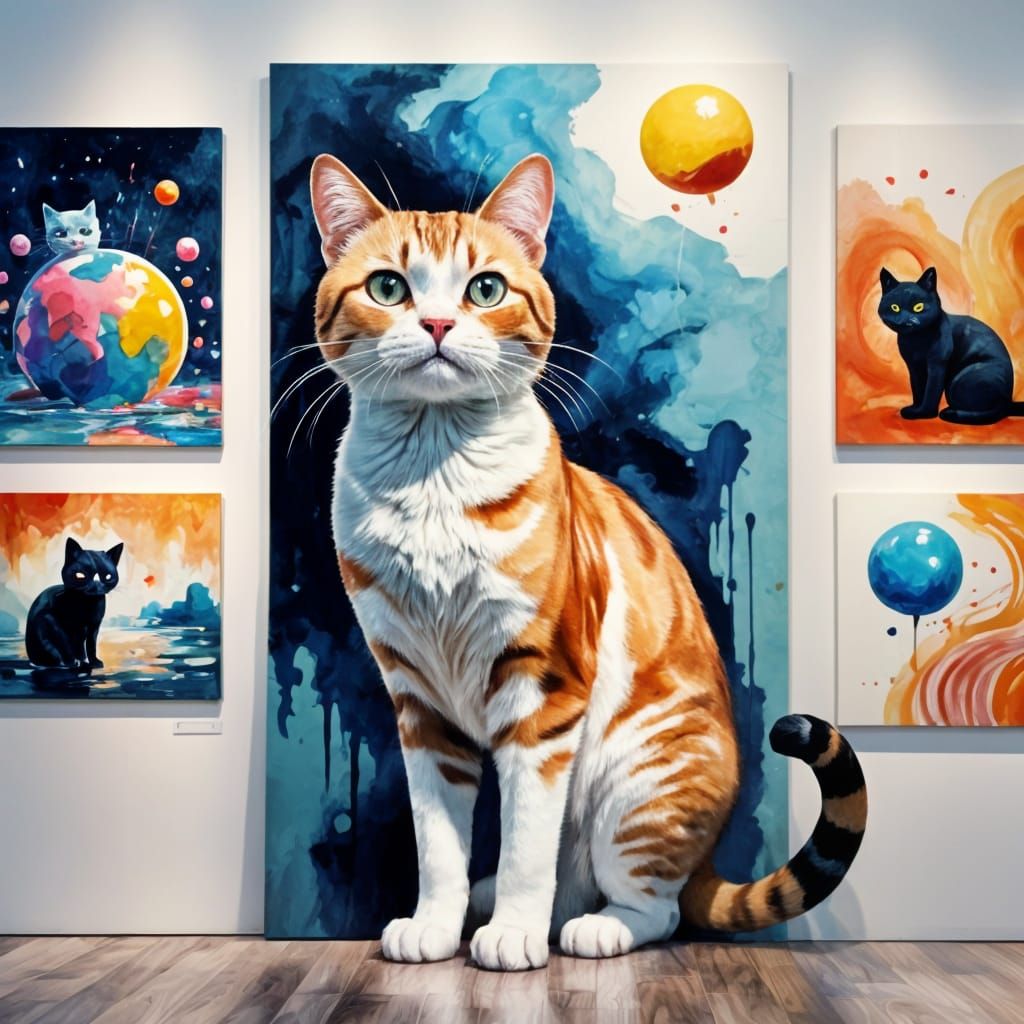 Cartoon Cat in Art Gallery: Candy Art Style