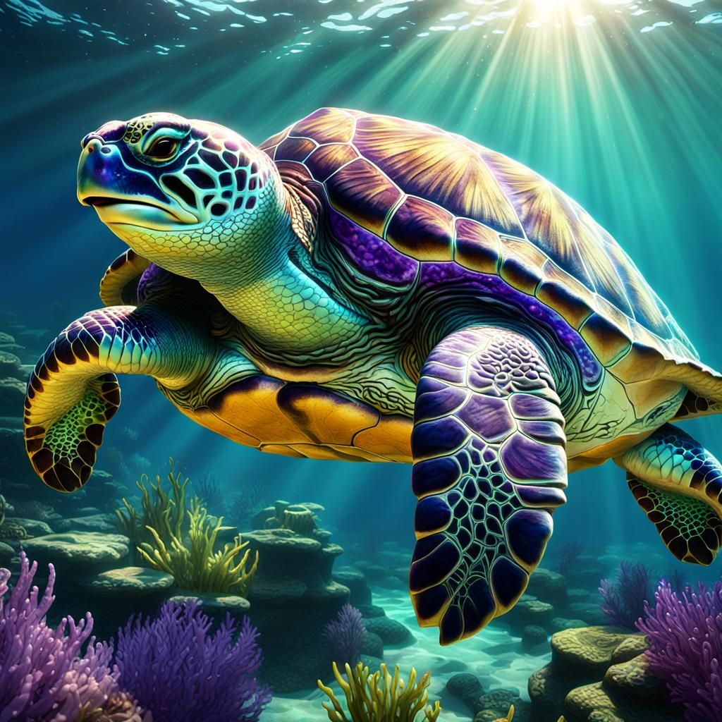 Prismatic Sea Turtle in Underwater Sunlight