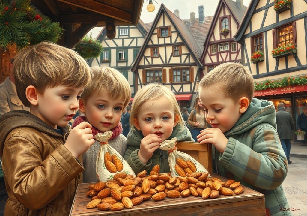 Children Enjoying Almonds at Christmas Market