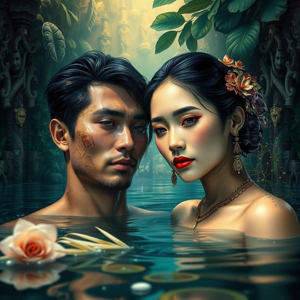 Ancient Khmer Couple in Vibrant Water Castle Portrait