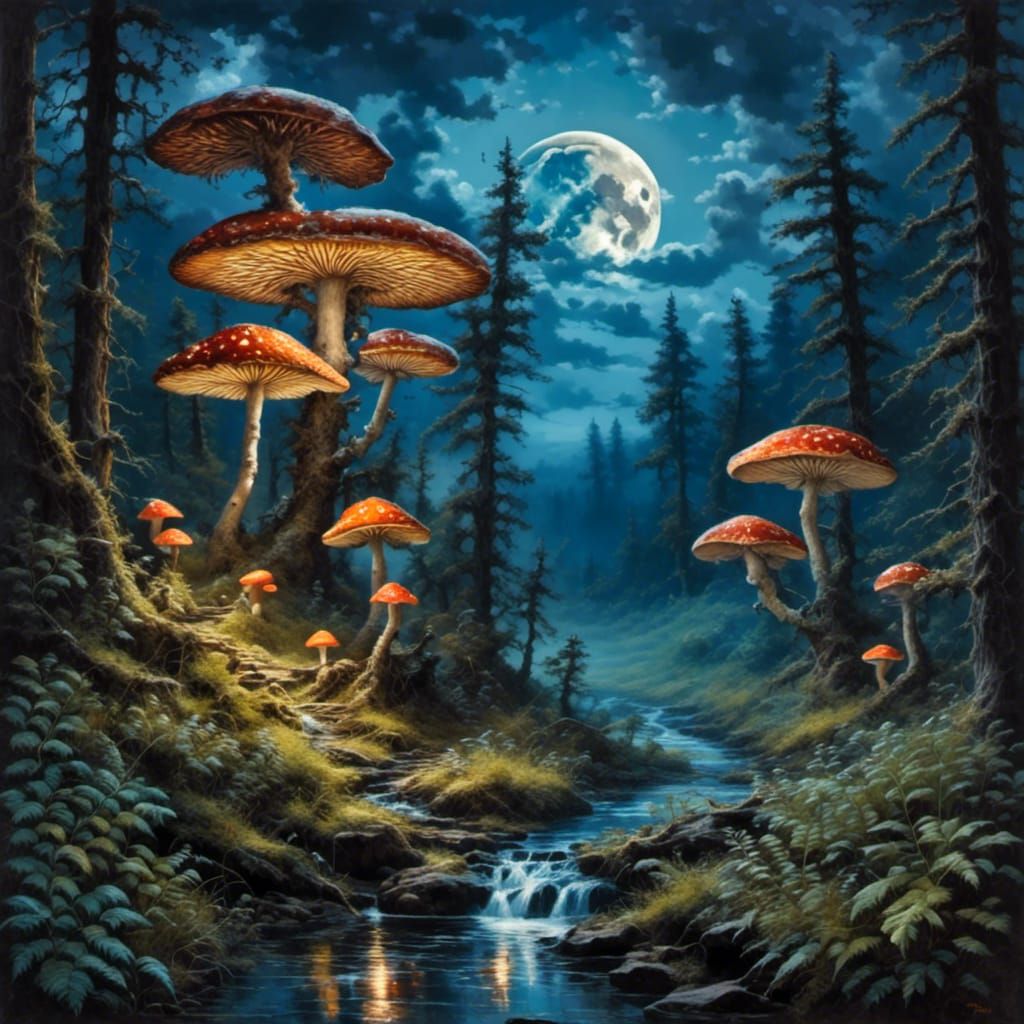 Vintage Mushroom Art in Oil Painting Style