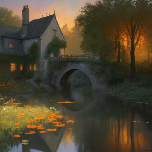 Bibury Cotswolds Sunset: Hyperrealistic Neo-Impressionist Ph...