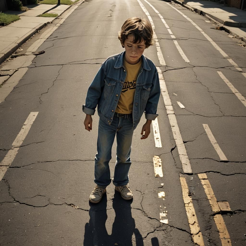 Boy's Defiance in Hyperrealistic, Time-Clashing Street Scene