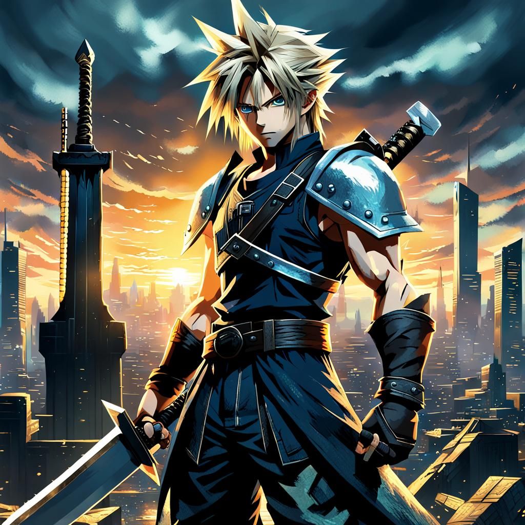 Cloud Strife with Buster Sword in Anime Style