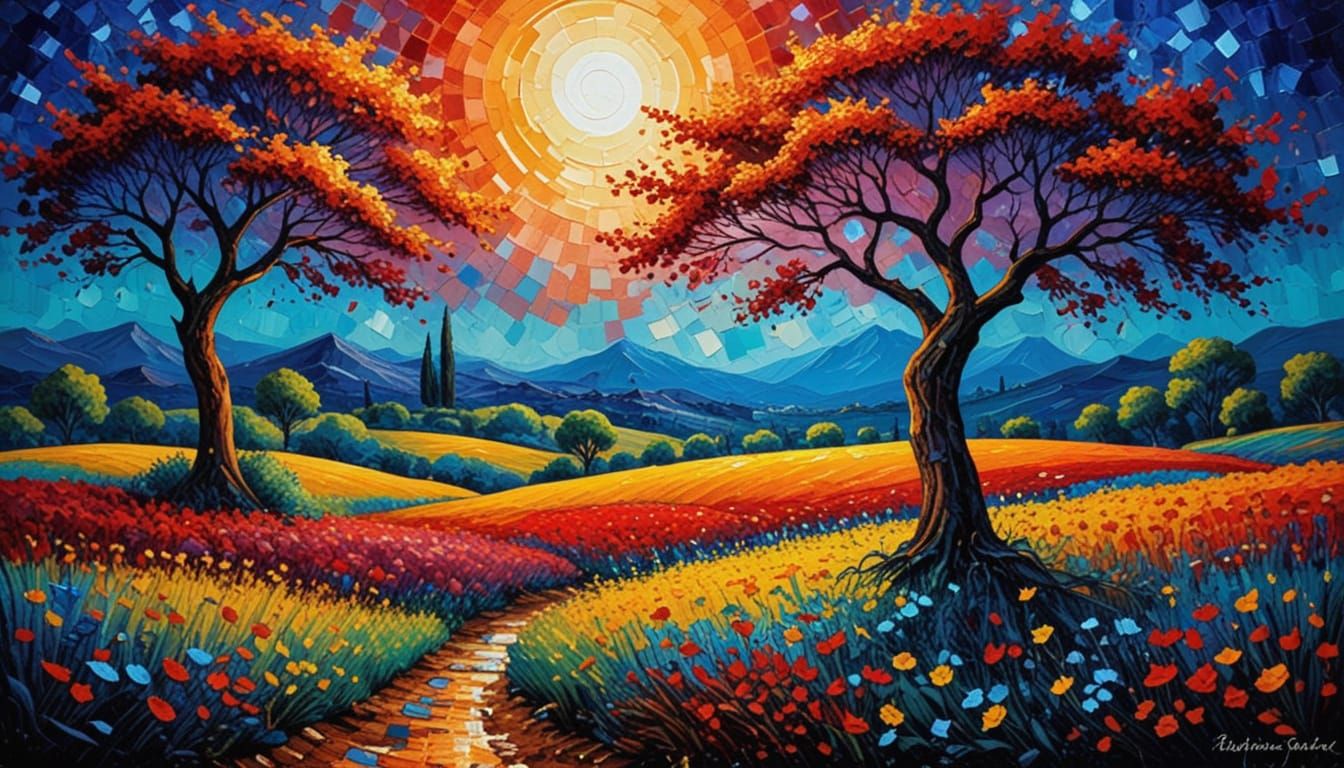 Woman in Poppy Field Wearing Hat, Oil Painting with Dry Brus...