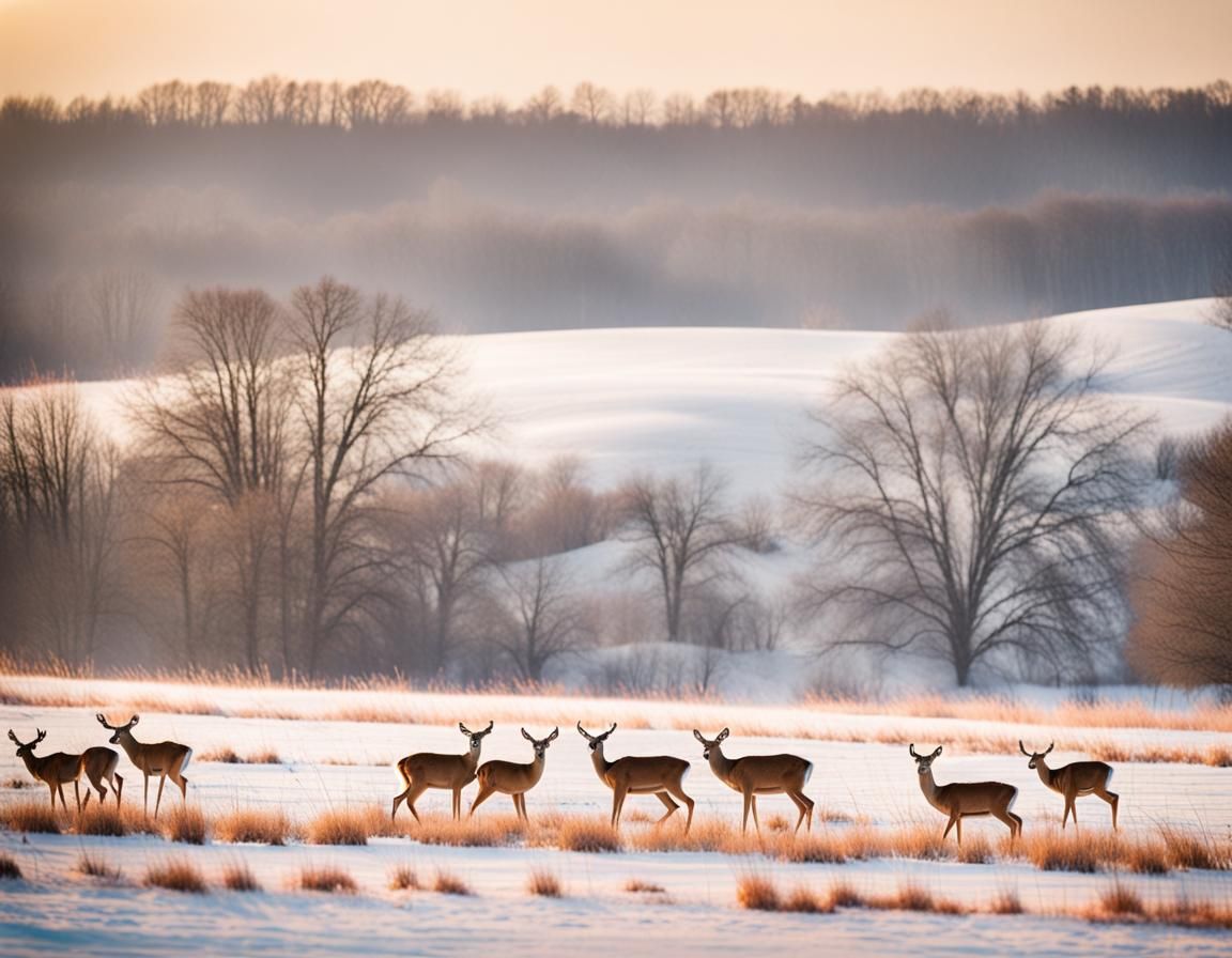 Winter Midwest Farmland with Deer Near Highway