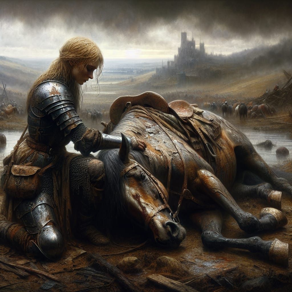 Medieval Woman Comforts Wounded Horse in Tenebrism Style