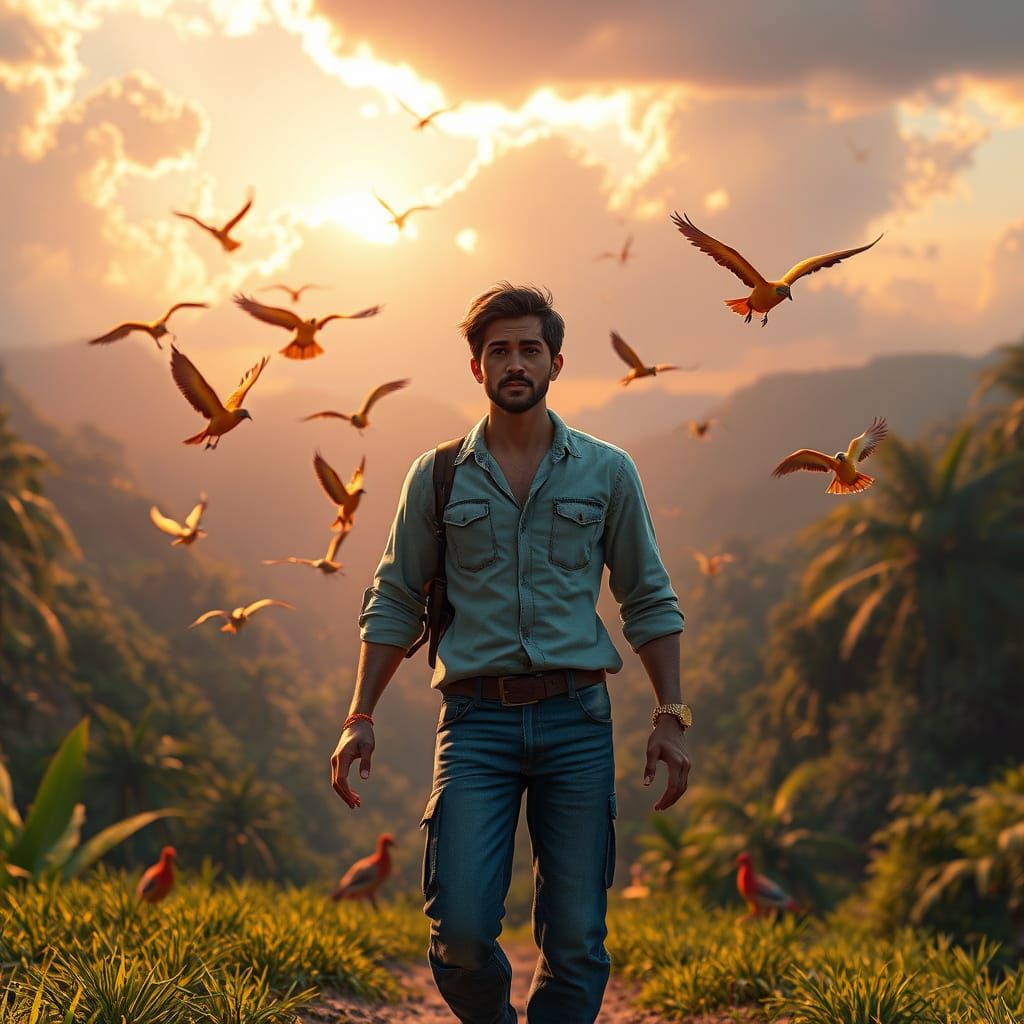 Tropical Valley Sunset: Landscaper with Birds in 3D Art