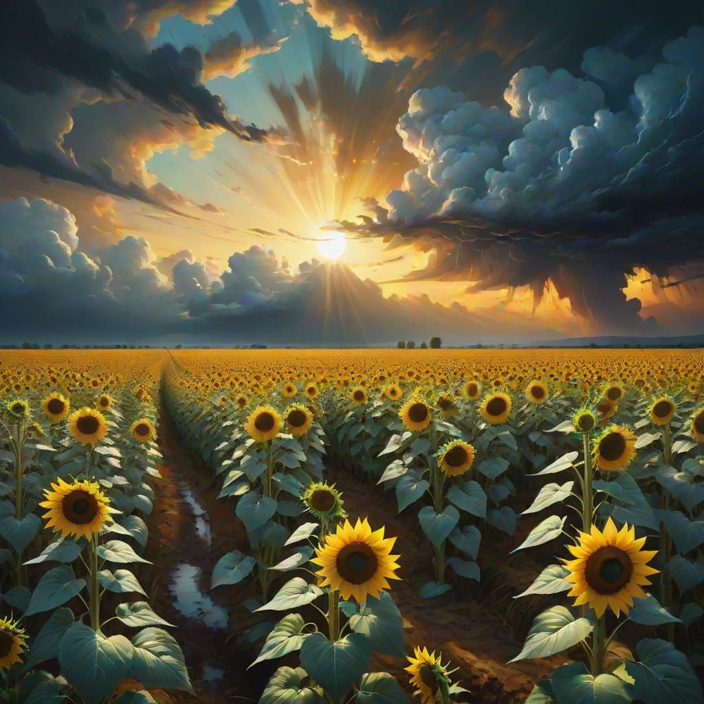 Sunflower Field Under Stormy Sky, Surreal Digital Art