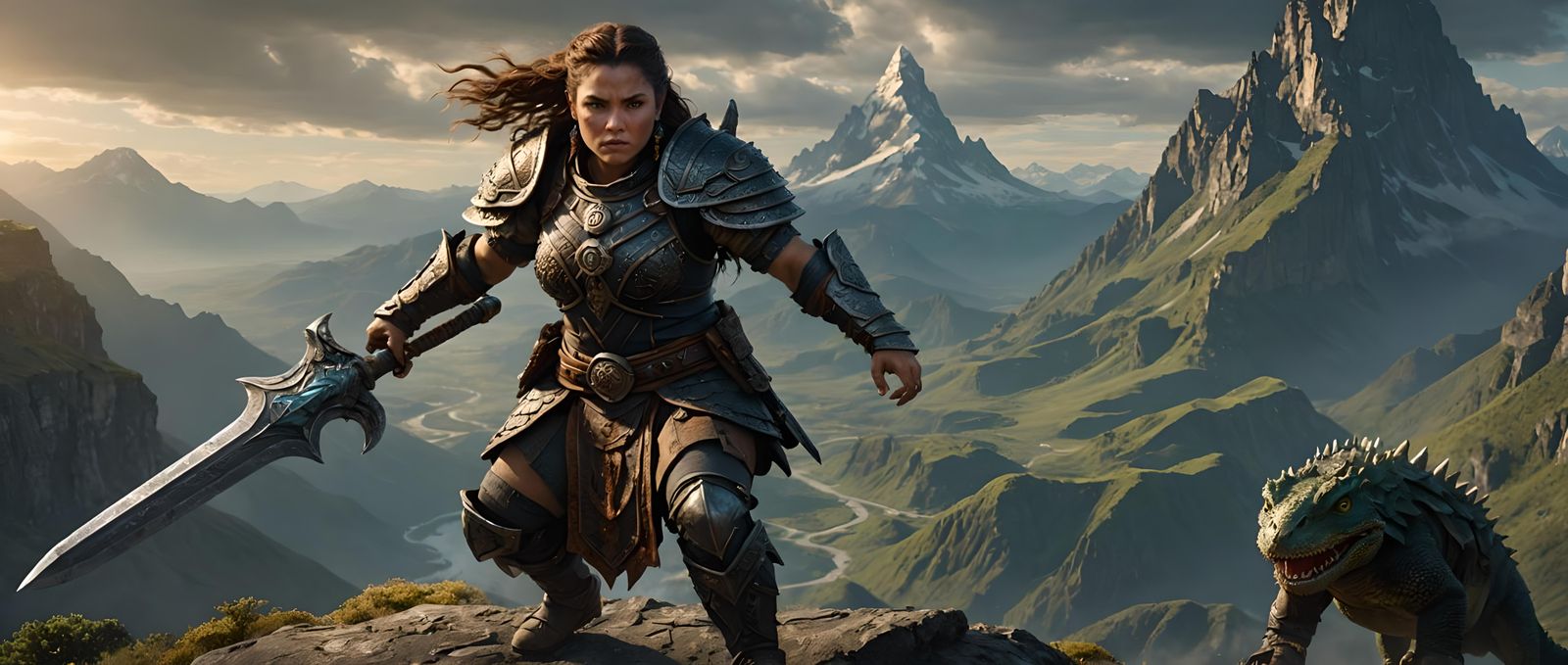 Dwarf Warrior in Aztec Armor Rides Lizard