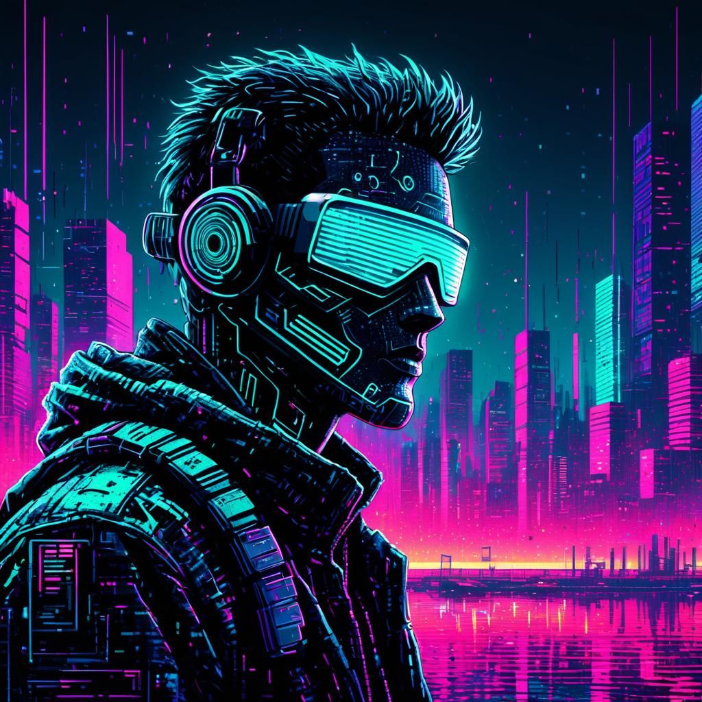 Cyberpunk Hacker in Dystopian Pointillism Style