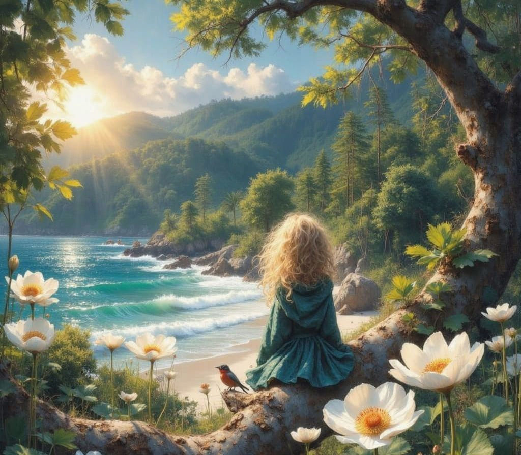 Cute Kitten and Girl in Forest by Beach