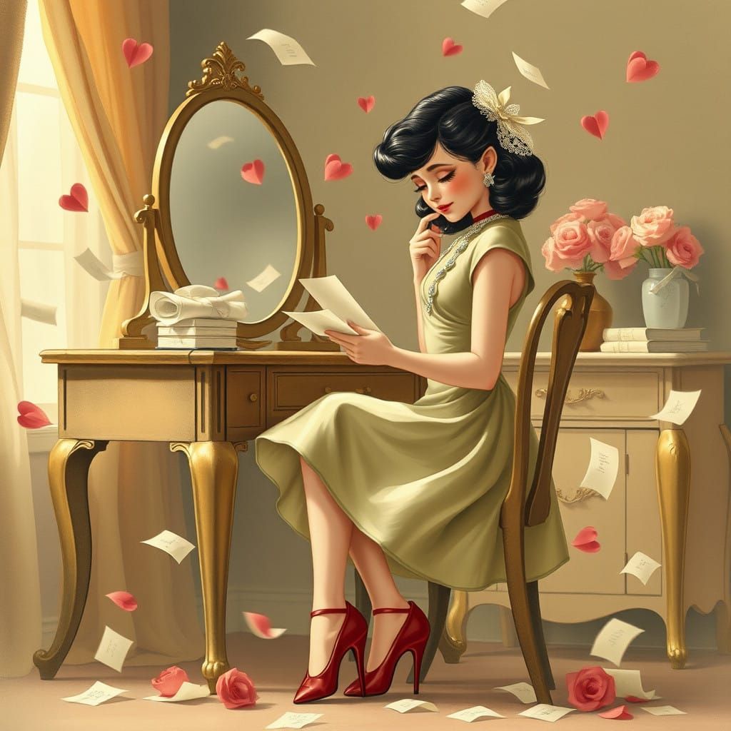 Blushing Beauty in 1950s Style, Surrounded by Love and Vinta...