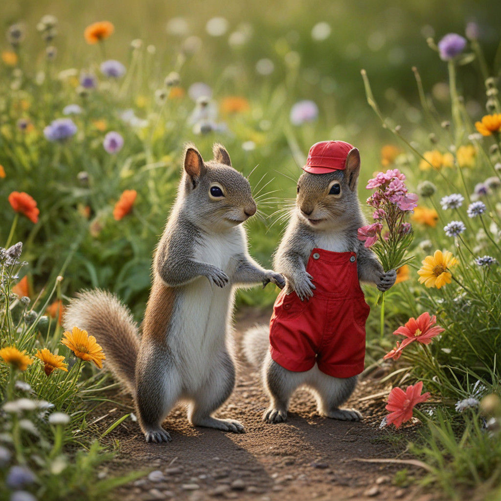 Whimsical Summer Meadow Scene with Squirrels and Wildflowers