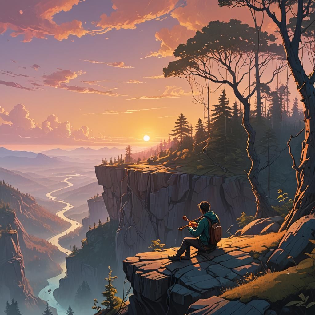 Ethereal Musician Overlooking Dreamlike Forest at Sunset