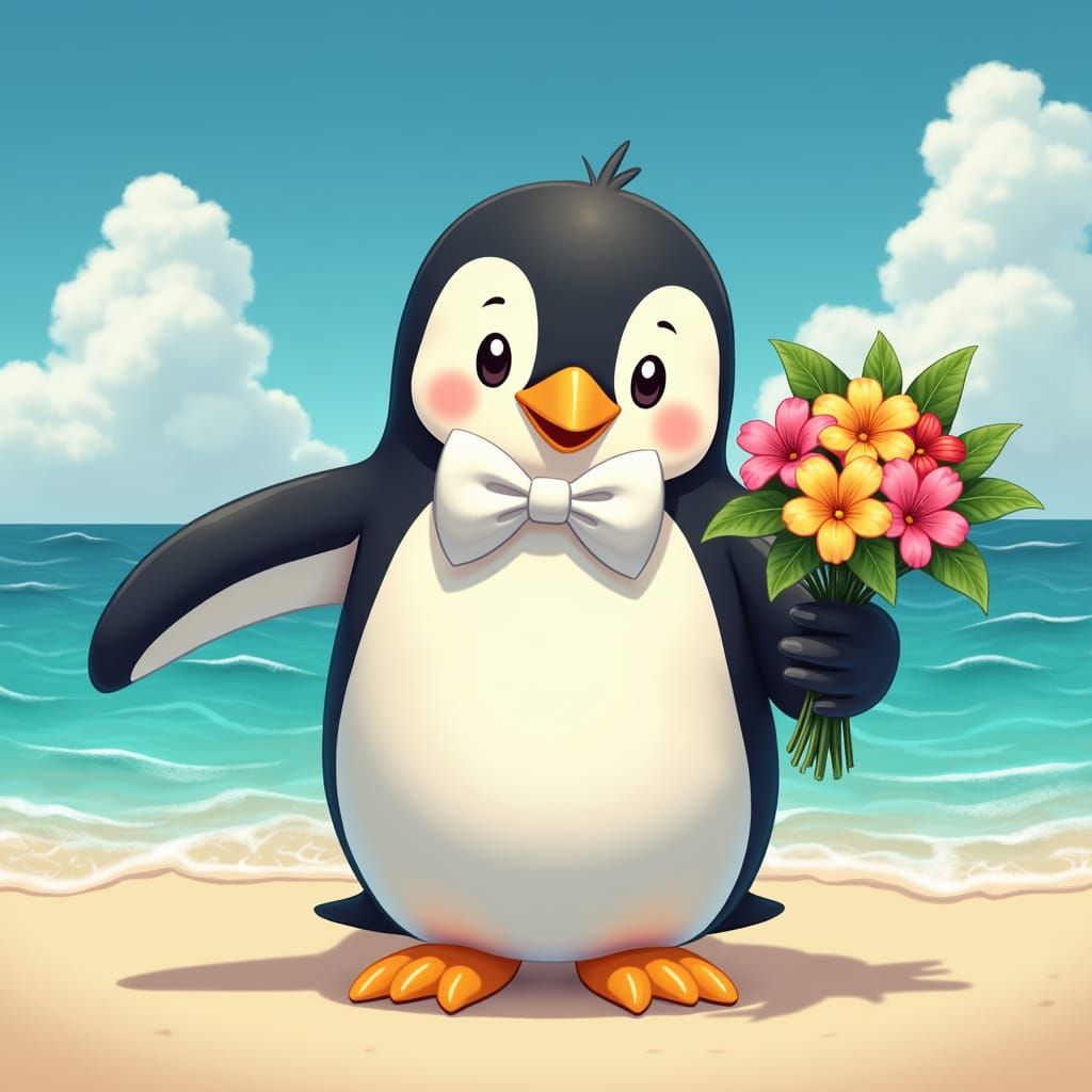 "Gordious Emperor Penguin with a bright smile, wearing a big...