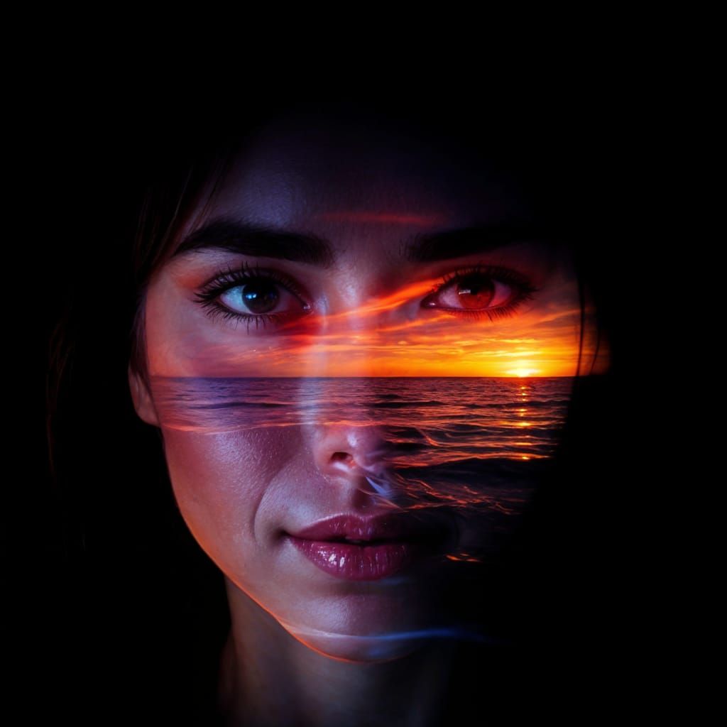 Surreal Double Exposure: Woman and Sunset Ocean
