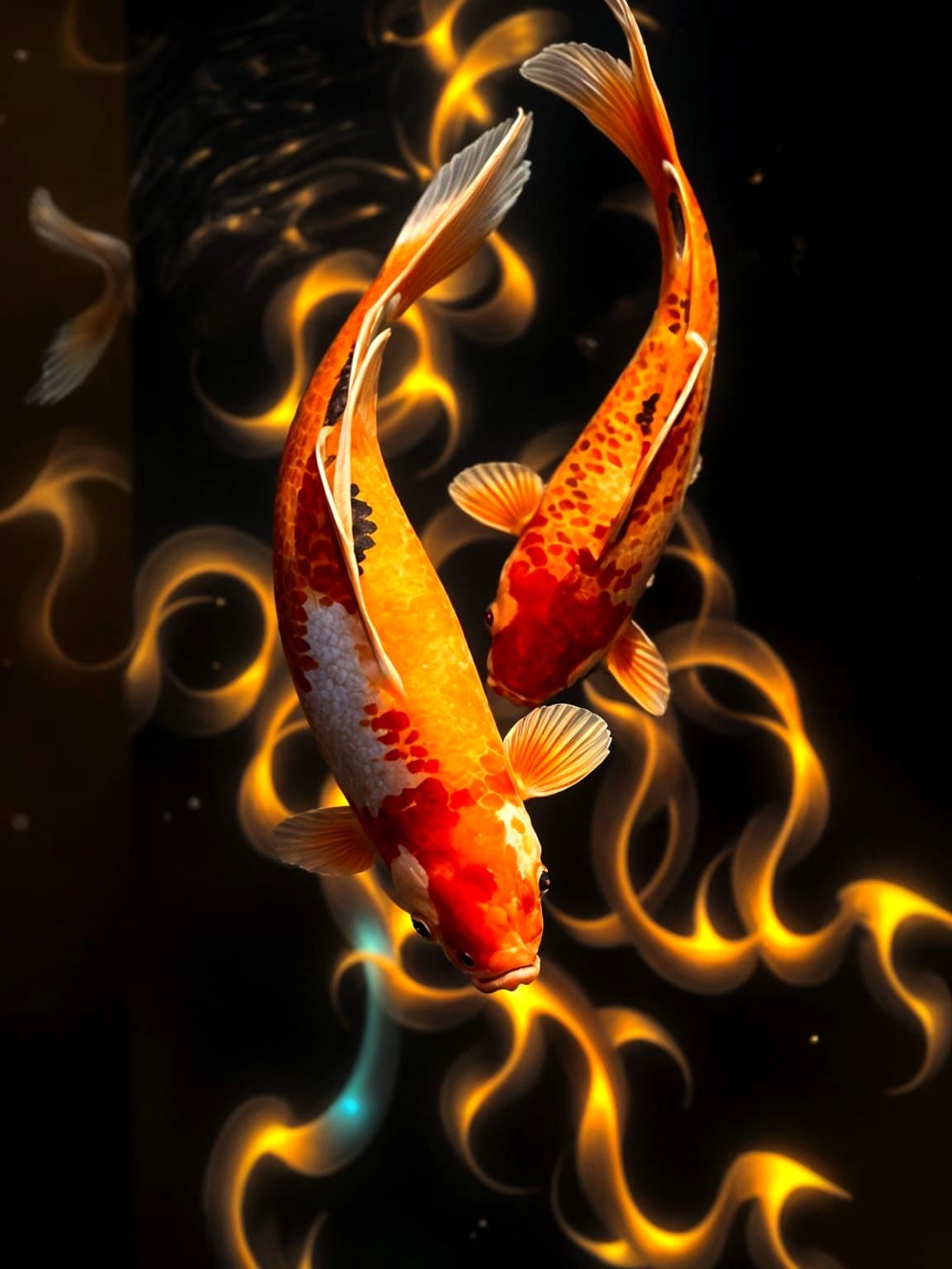 Two Koi Fish Swim in Iridescent Water