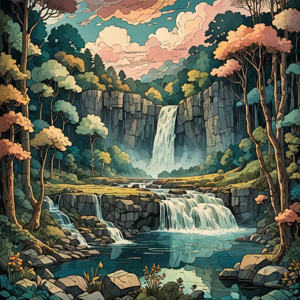 Waterfall in Forest Clearing Cubism Style