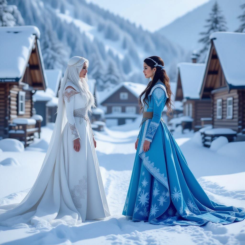 Ice Queen Versus Water Sorceress in Snowy Village